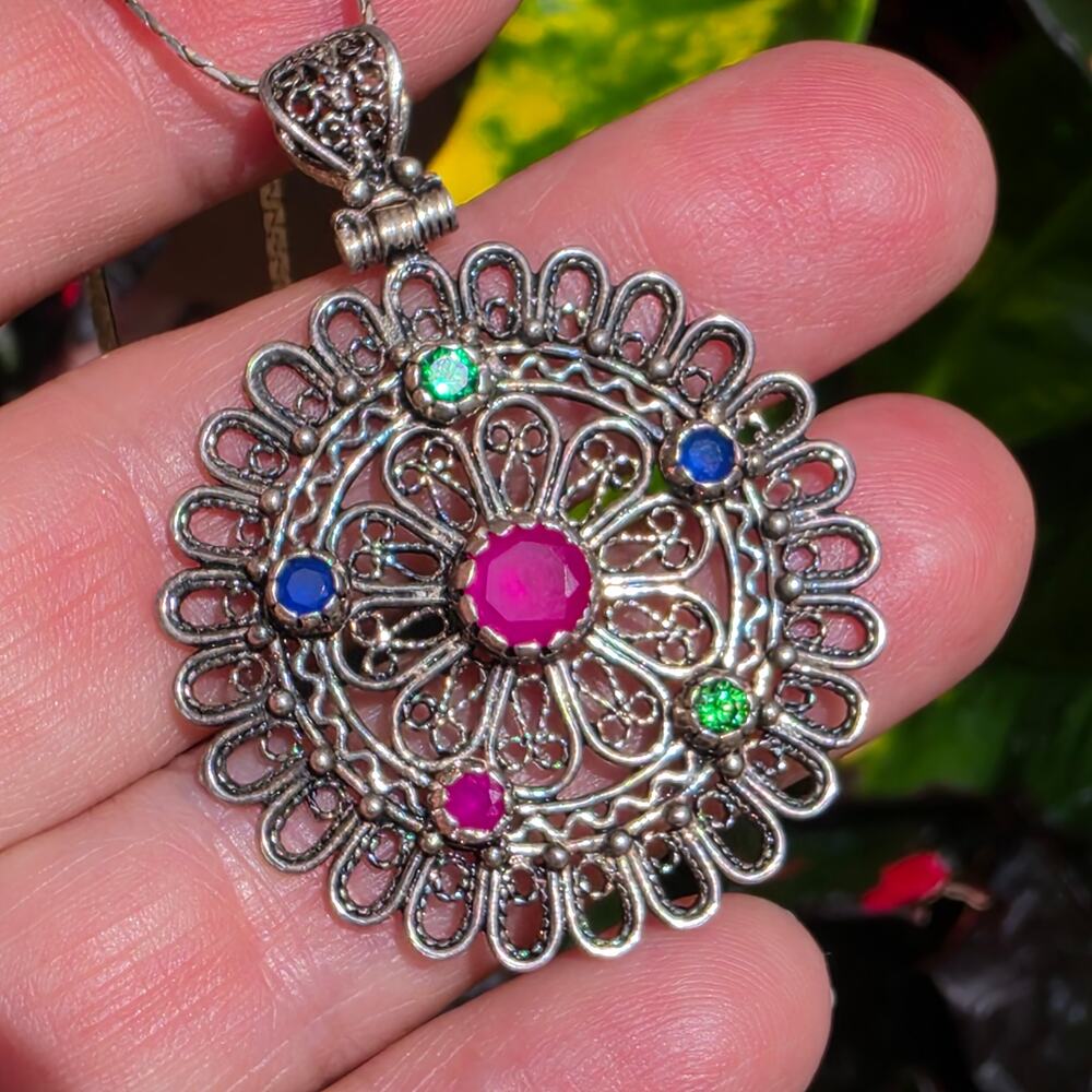 Vintage Sterling Silver Filagree Multi Gemstone Ruby Pendant Necklace, 24" Chain